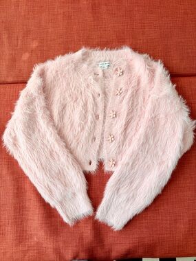 Women’s Pink Fuzzy Flower-Button Cardigan Jacket